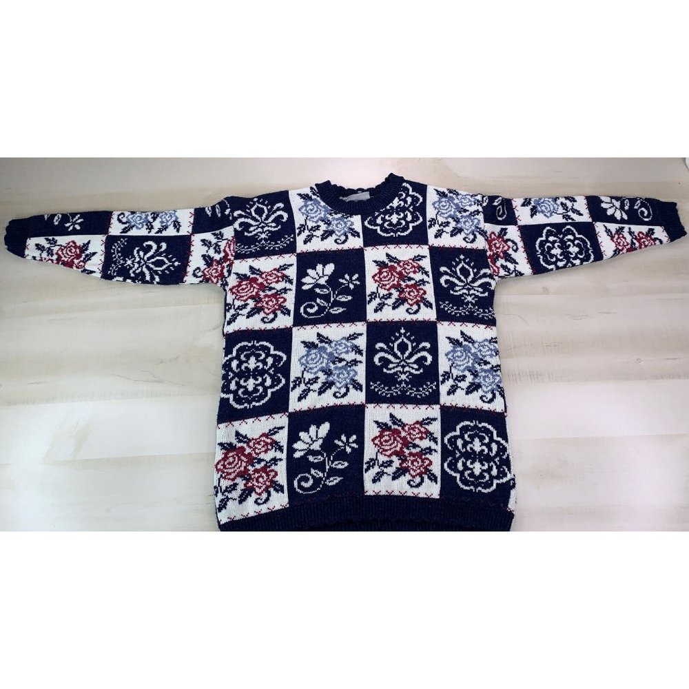 Vintage 90s Bugle Boy For Her Floral Knit Womens Sweater USA Made Large-29A